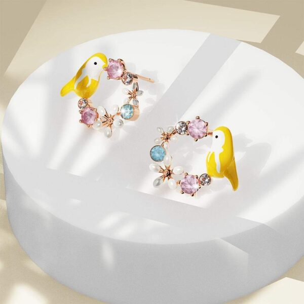 Yellow Bird and Multicolour Floral Austrian Crystal Stud Earrings - Image 4
