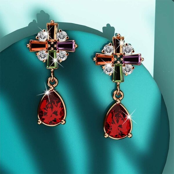 Rose Gold Plated Many-Hues Cross and Ruby Red Teardrop Earrings - Image 3