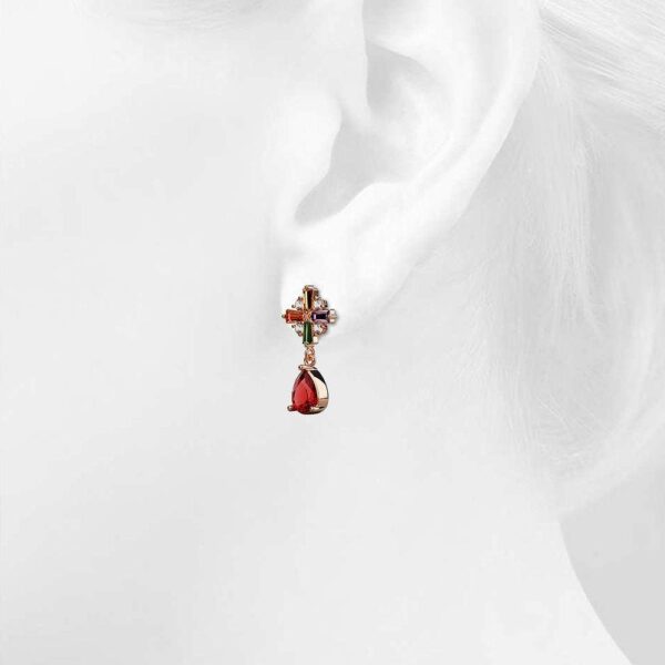 Rose Gold Plated Many-Hues Cross and Ruby Red Teardrop Earrings - Image 4