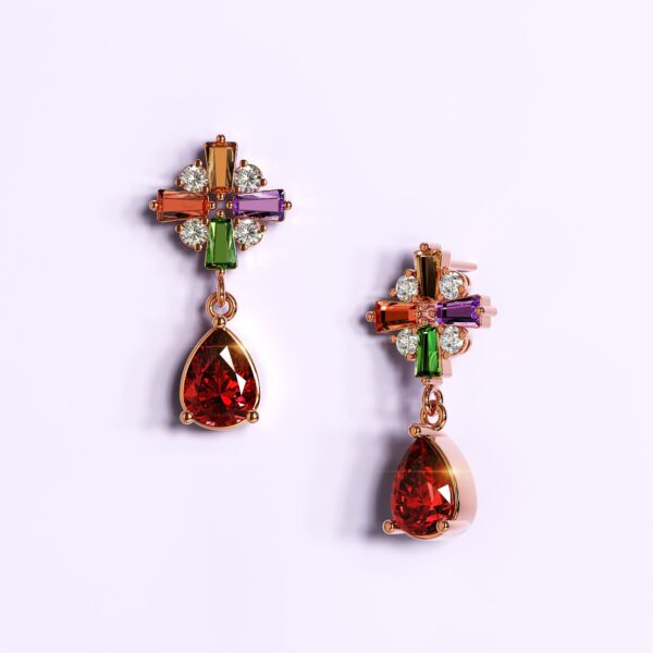 Rose Gold Plated Many-Hues Cross and Ruby Red Teardrop Earrings - Image 2