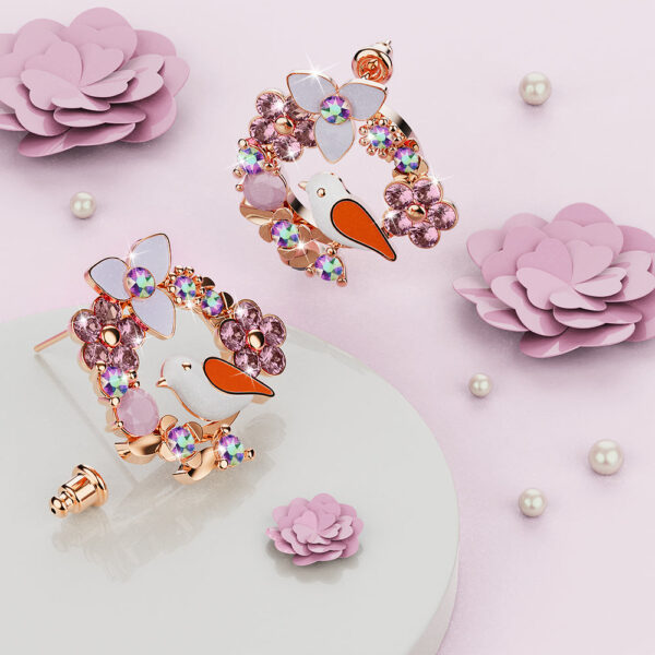 Petite Floral With Bird Stud Earrings - Image 3