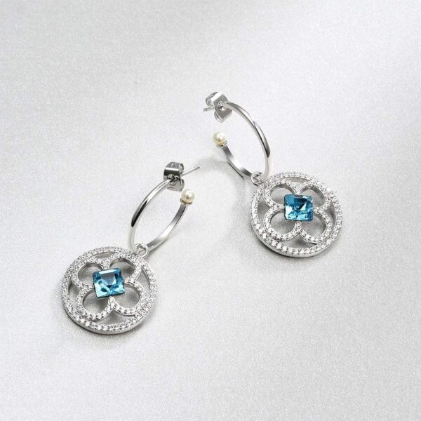 Aqua Blue Clover Drop Earrings With Pearls Embellished With SWAROVSKI® Crystals - Image 2