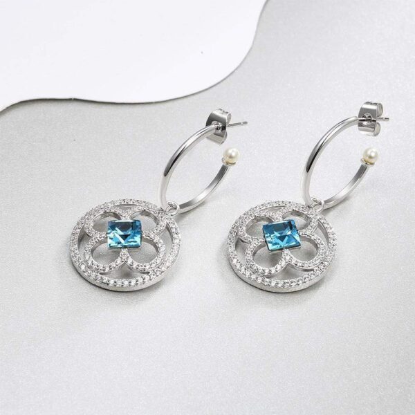Aqua Blue Clover Drop Earrings With Pearls Embellished With SWAROVSKI® Crystals - Image 3