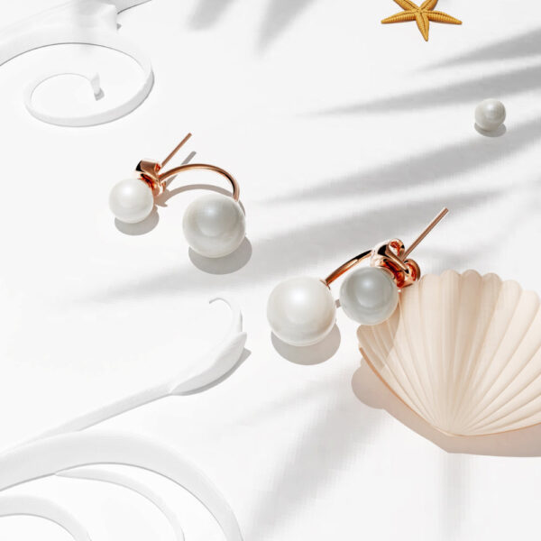 Rose Gold Duo Pearl Stud Earrings Embellished with SWAROVSKI® Crystal Pearl - Image 2