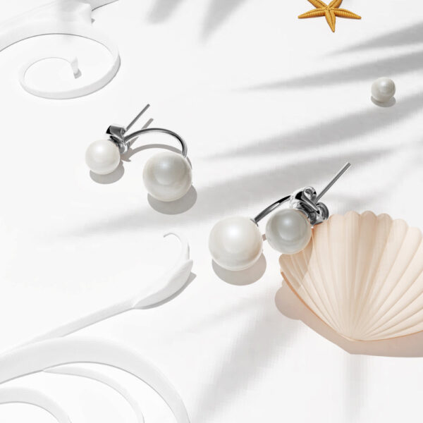White Gold Duo Pearl Stud Earrings Embellished with SWAROVSKI® Crystal Pearl - Image 2