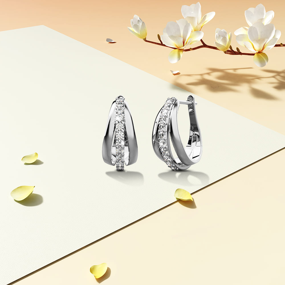 White Gold Triple Hoop Earrings Embellished with Crystals from SWAROVSKI® - Image 2