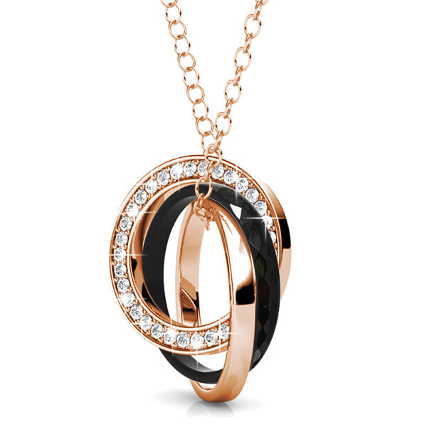 Rose Gold Triple Interlocking Ring Black Pendant Necklace Embellished with SWAROVSKI® Crystals - Image 2