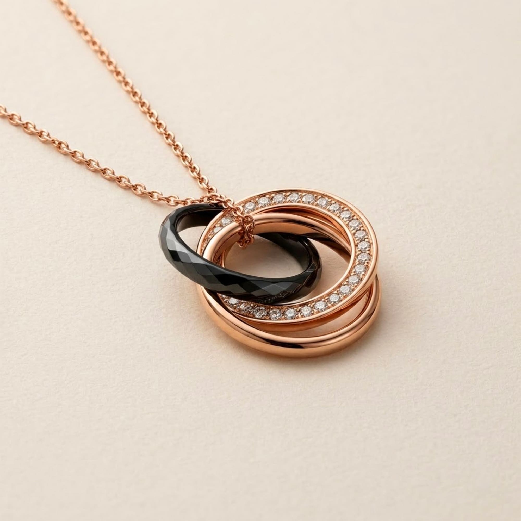 Rose Gold Triple Interlocking Ring Black Pendant Necklace Embellished with SWAROVSKI® Crystals - Image 3