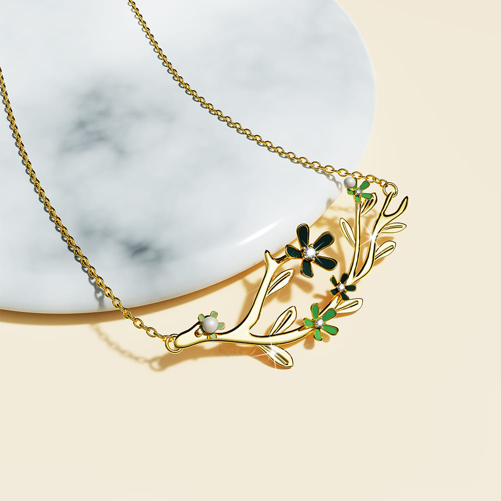 Petalia Olive Green Necklace Featured SWAROVSKI® Crystals in Gold - Image 2