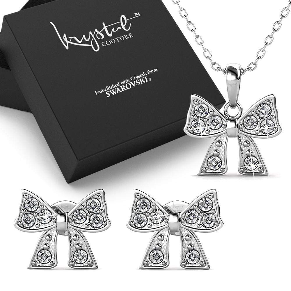Boxed Ribbon Tie Necklace and Earrings Set Embellished with SWAROVSKI® Crystals