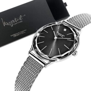 Krystal Couture Geometric Mineral Glass Feat SWAROVSKI¬Ã† Crystal Watch White Gold Black