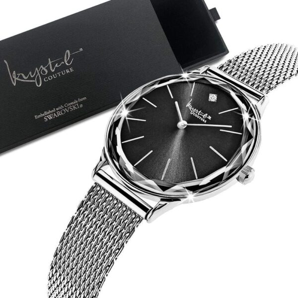 Krystal Couture Geometric Mineral Glass Feat SWAROVSKI¬Ã† Crystal Watch White Gold Black