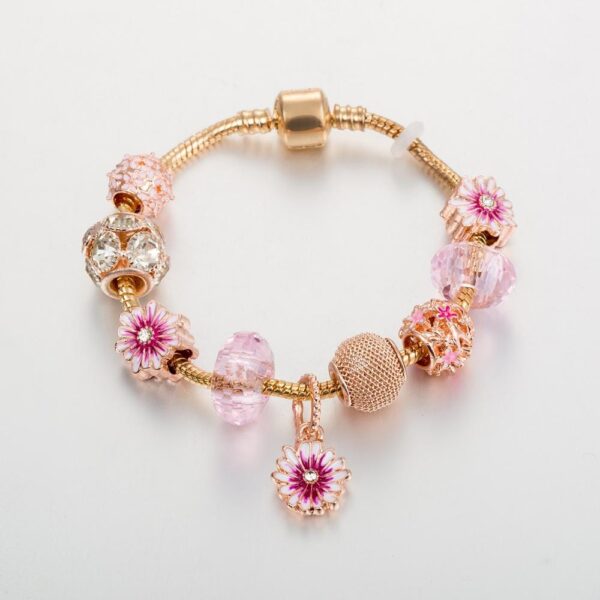 Pandora Inspired Full Set Beaded Charm Bracelet - Gold/ Pink - Image 2