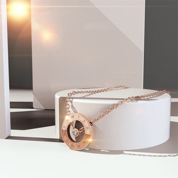 Roman Numerals Halo Pendant Necklace in Rose Gold Plated Titanium with Genuine 0.005ct Diamond - Image 3