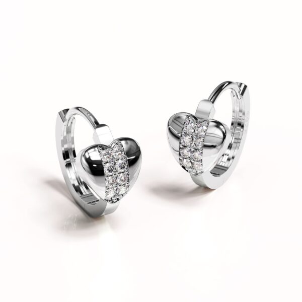 Solid 925 Sterling Silver Cubic Zirconia Middle Paved Heart Shaped Hoop Earrings - Image 2