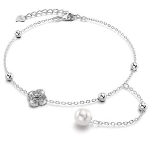 Solid 925 Sterling Silver Diamonelle Clover Pearl Charm Bracelet