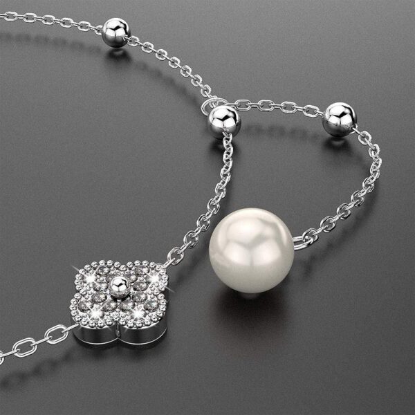 Solid 925 Sterling Silver Diamonelle Clover Pearl Charm Bracelet - Image 2