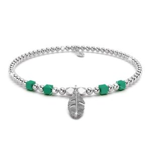 Solid 925 Sterling Silver Turquoise Gemstone & Leaf Charm Bead Bracelet