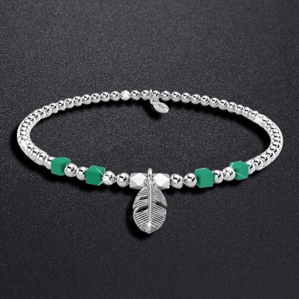 Solid 925 Sterling Silver Turquoise Gemstone & Leaf Charm Bead Bracelet - Image 4