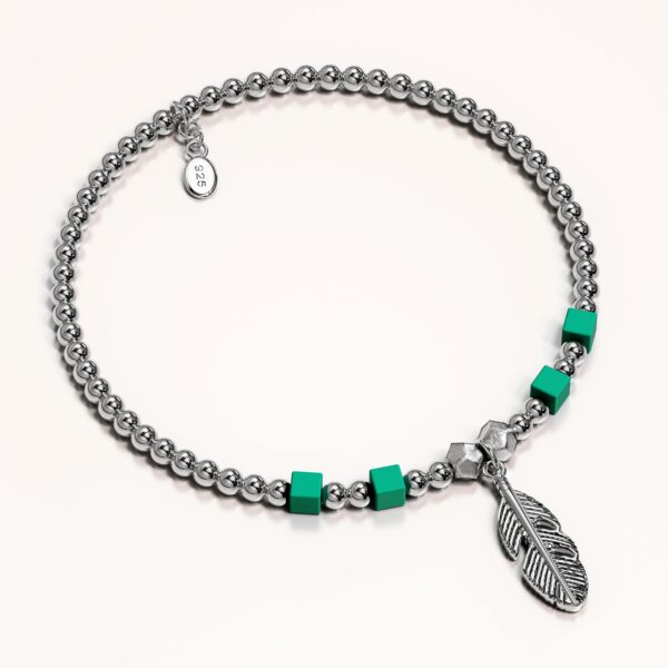 Solid 925 Sterling Silver Turquoise Gemstone & Leaf Charm Bead Bracelet - Image 2