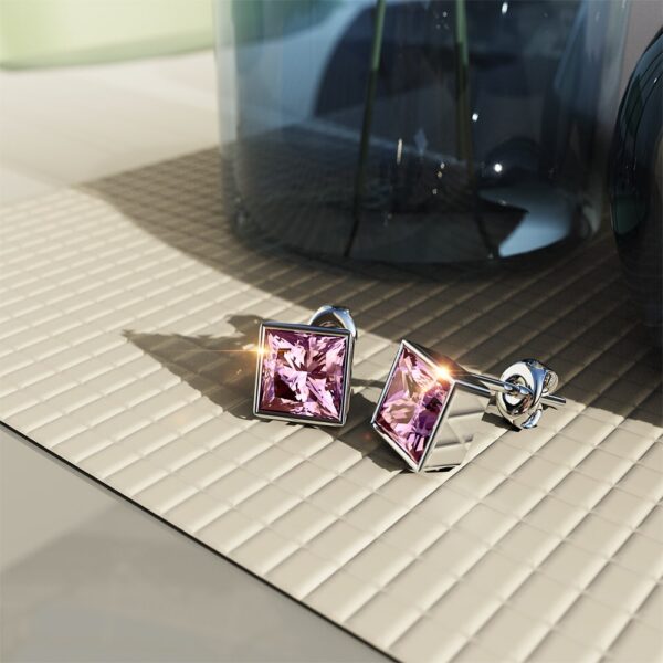 Solid 925 Sterling Silver Bezel Princess-Cut Studs Light Rose 6mm - Image 2