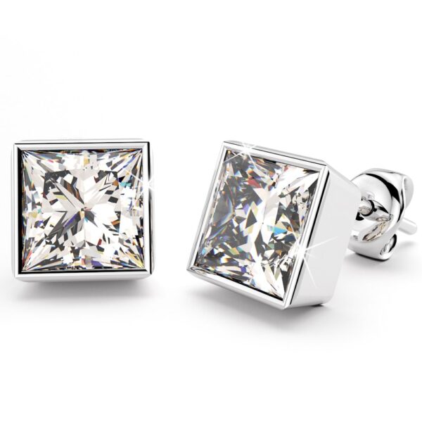 Solid 925 Sterling Silver Bezel Princess-Cut Studs Clear 6mm