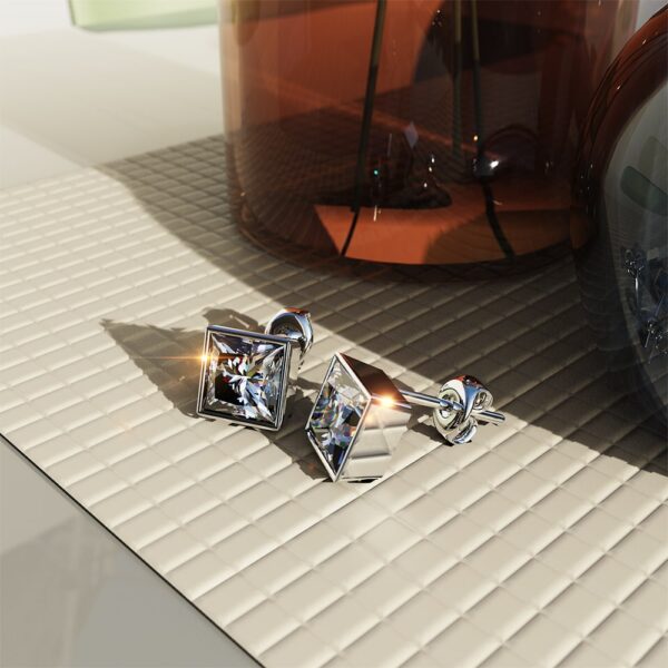 Solid 925 Sterling Silver Bezel Princess-Cut Studs Clear 6mm - Image 2