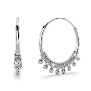 Solid 925 Sterling Silver Hippie Beaded Hoop Earrings