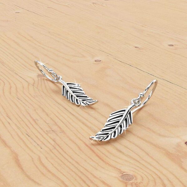 Solid 925 Sterling Silver Antique Feather Leaf Dangle Earrings - Image 2
