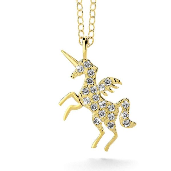 Solid 925 Sterling Silver & Gold Simulated Diamond Unicorn Necklace