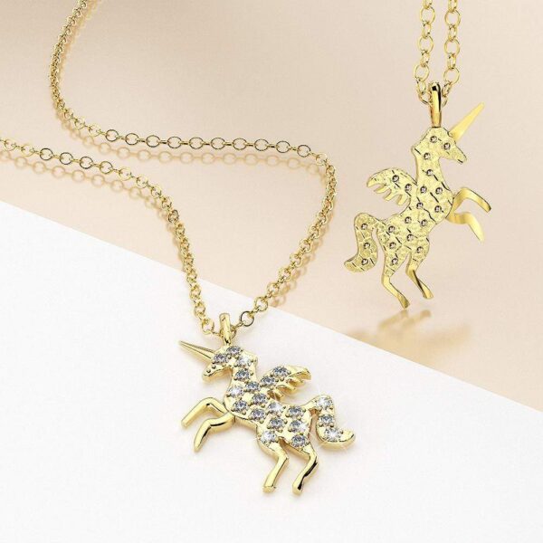 Solid 925 Sterling Silver & Gold Simulated Diamond Unicorn Necklace - Image 2