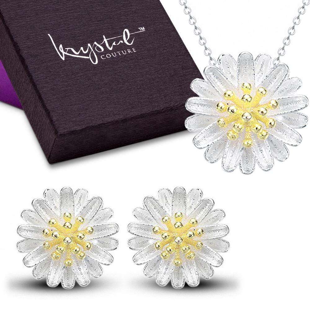 Solid 925 Sterling Silver Sunflower Pendant And Earrings Set