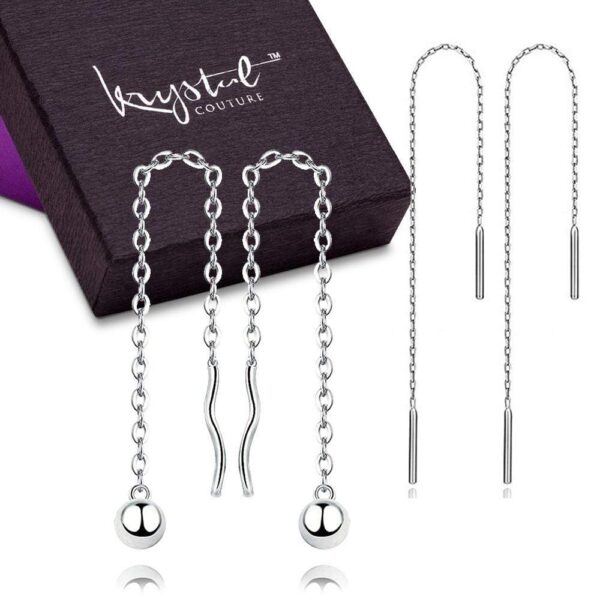 Solid 925 Sterling Silver 2 Pairs Threader Earrings Set