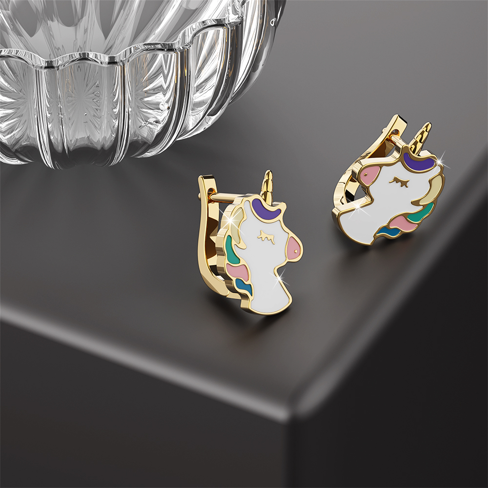 Colourful Magical Unicorn Gold Stud Earrings - Image 2