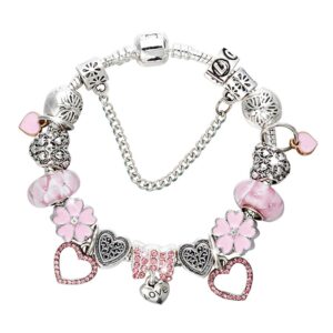 Pandora Inspired Full Set Beaded Charm Bracelet - Silver/Pink